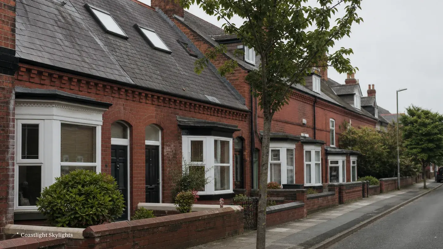 Street of red brick terraced houses with bay windows and a tree