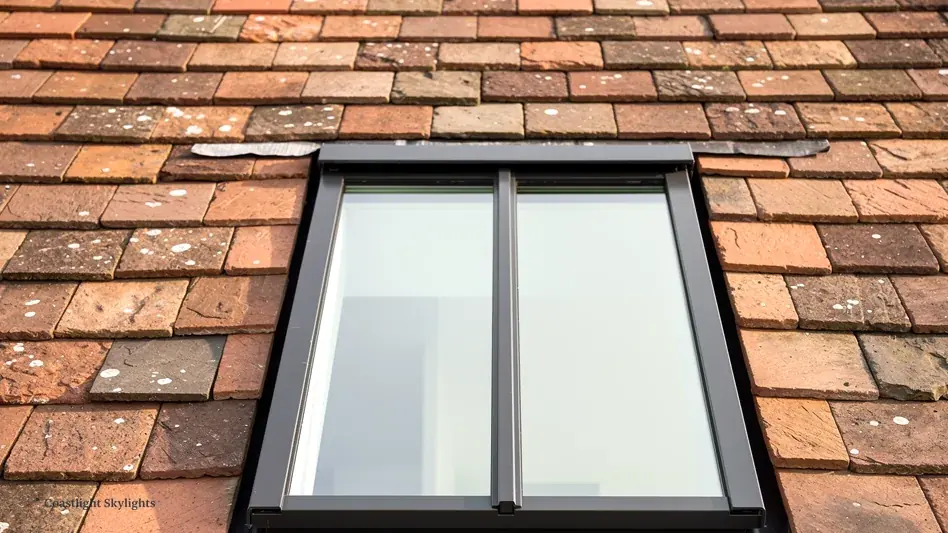Roof window with two panes set close to the clay tiles of a pitched roof
