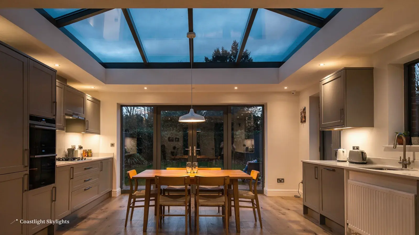 Kitchen and dining room lit at dusk by a large glazed rooflight above