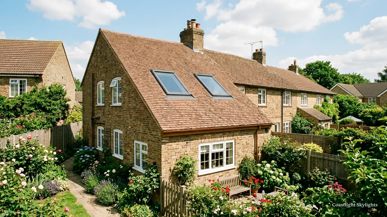 Aerial view of a tiled house with roof windows in the slope above a garden