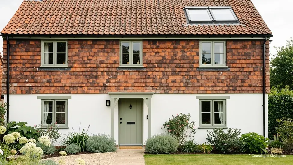 Cottage with tile hung walls and roof windows set into its tiled roof