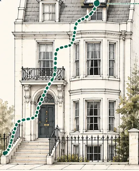 Drawing of one Brighton terraced house with a dotted route climbing from the front steps to a rooflight in the mansard