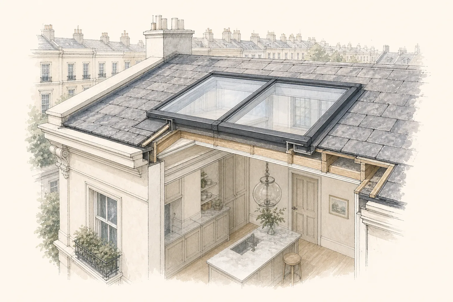 Cut-away drawing of a slim conservation rooflight with a central glazing bar set flush into a slate roof