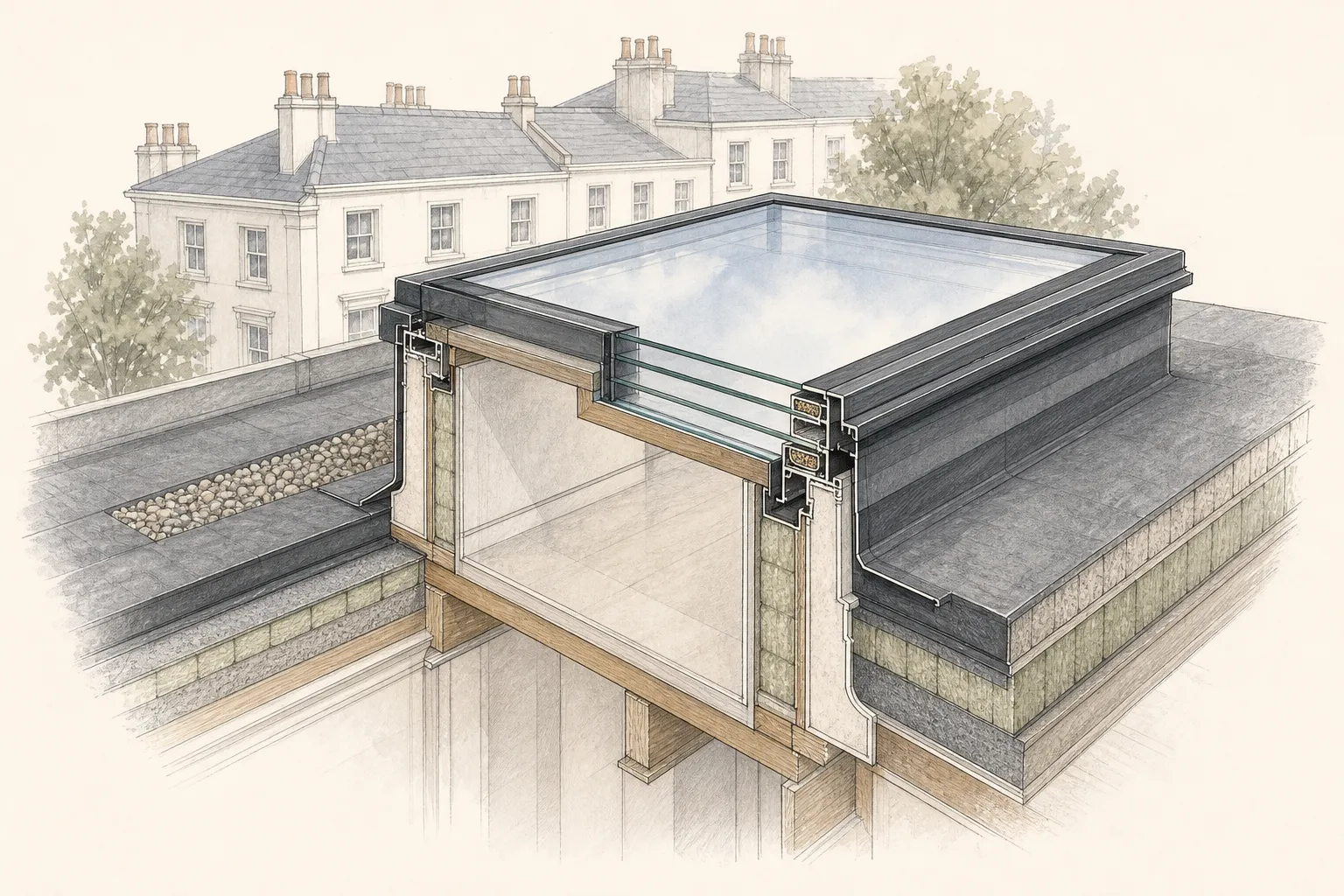 Cut-away drawing through a triple-glazed rooflight on an insulated upstand