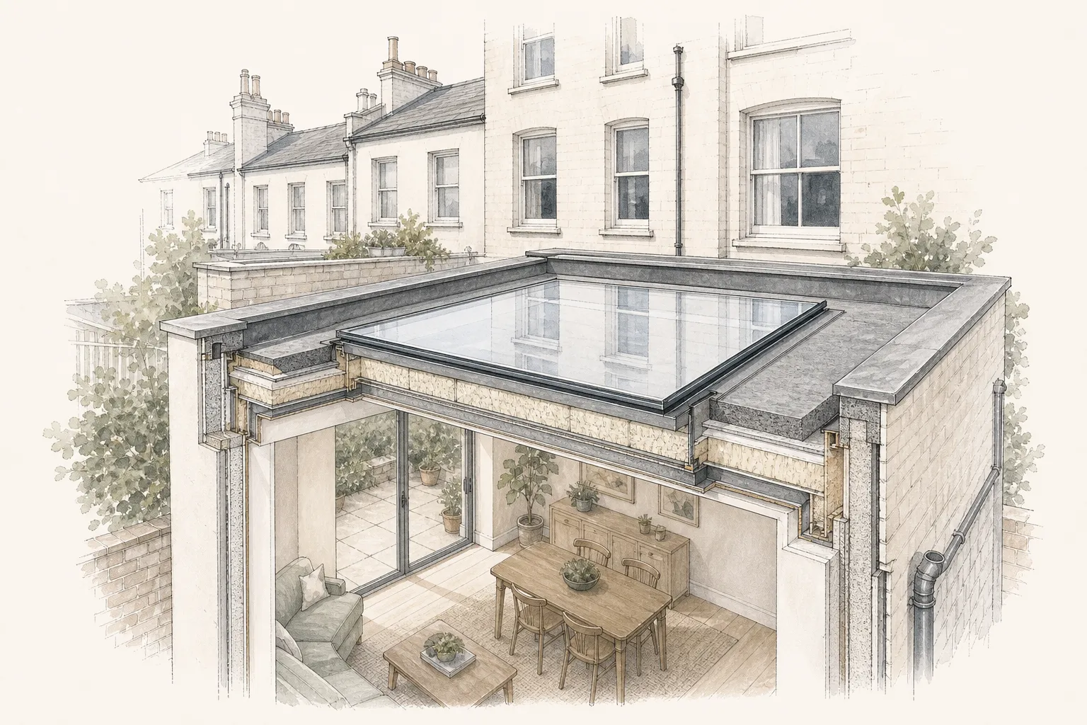 Cut-away drawing of a frameless flat rooflight on a rear extension roof, showing the upstand and the room below