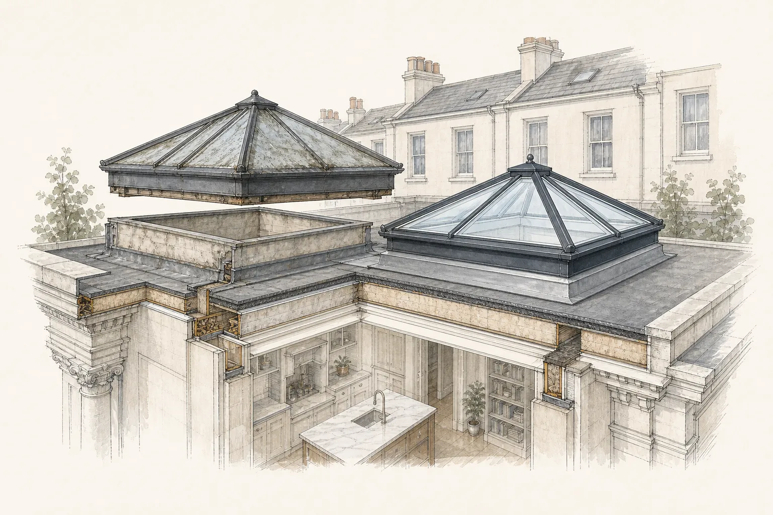 Drawing of an old misted roof lantern lifted off its upstand beside a clear new replacement