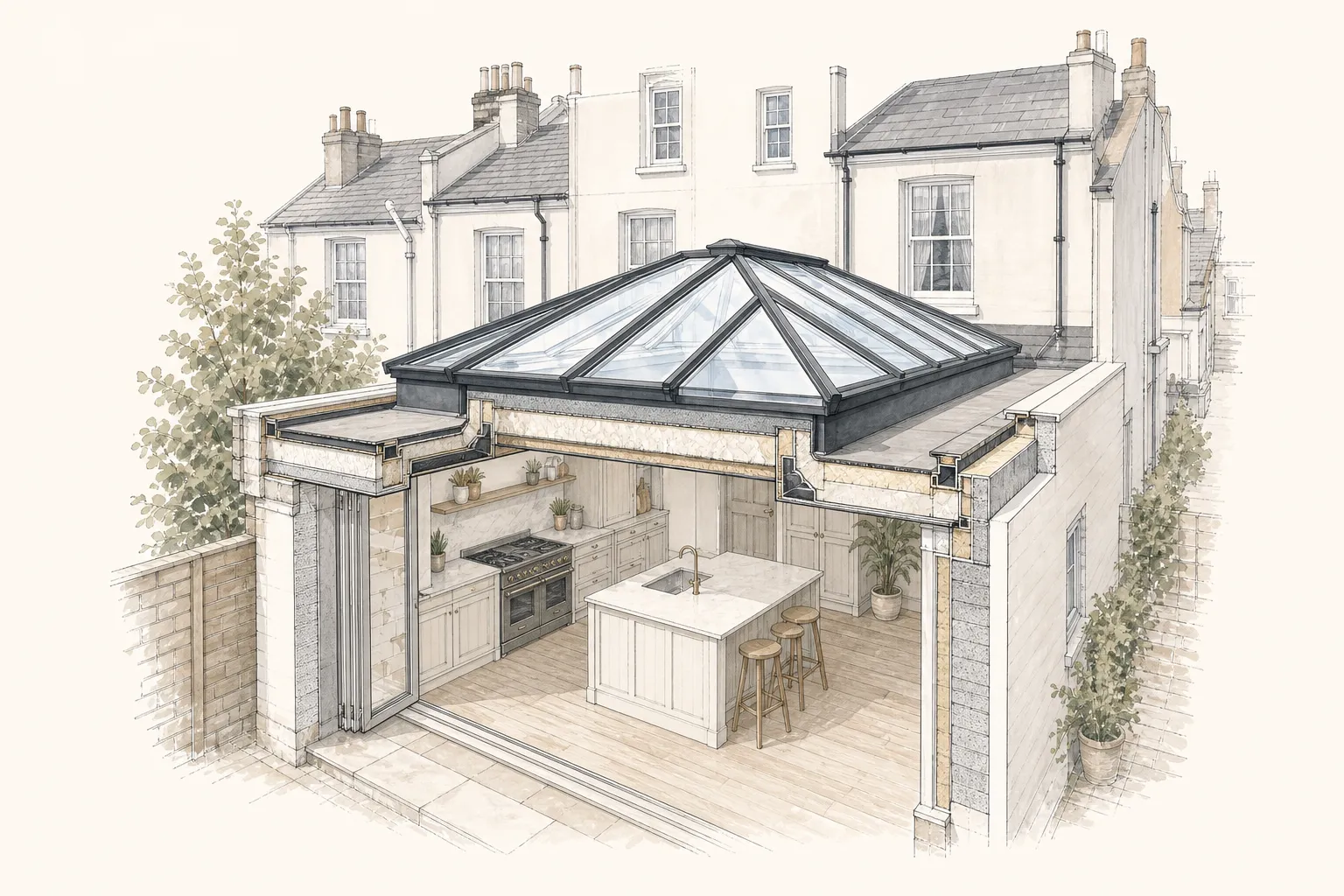 Cut-away drawing of a roof lantern on the flat roof of a rear kitchen extension of a terraced house