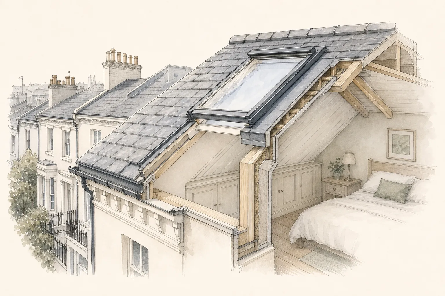 Cut-away drawing of a roof window in a slate roof above a loft bedroom