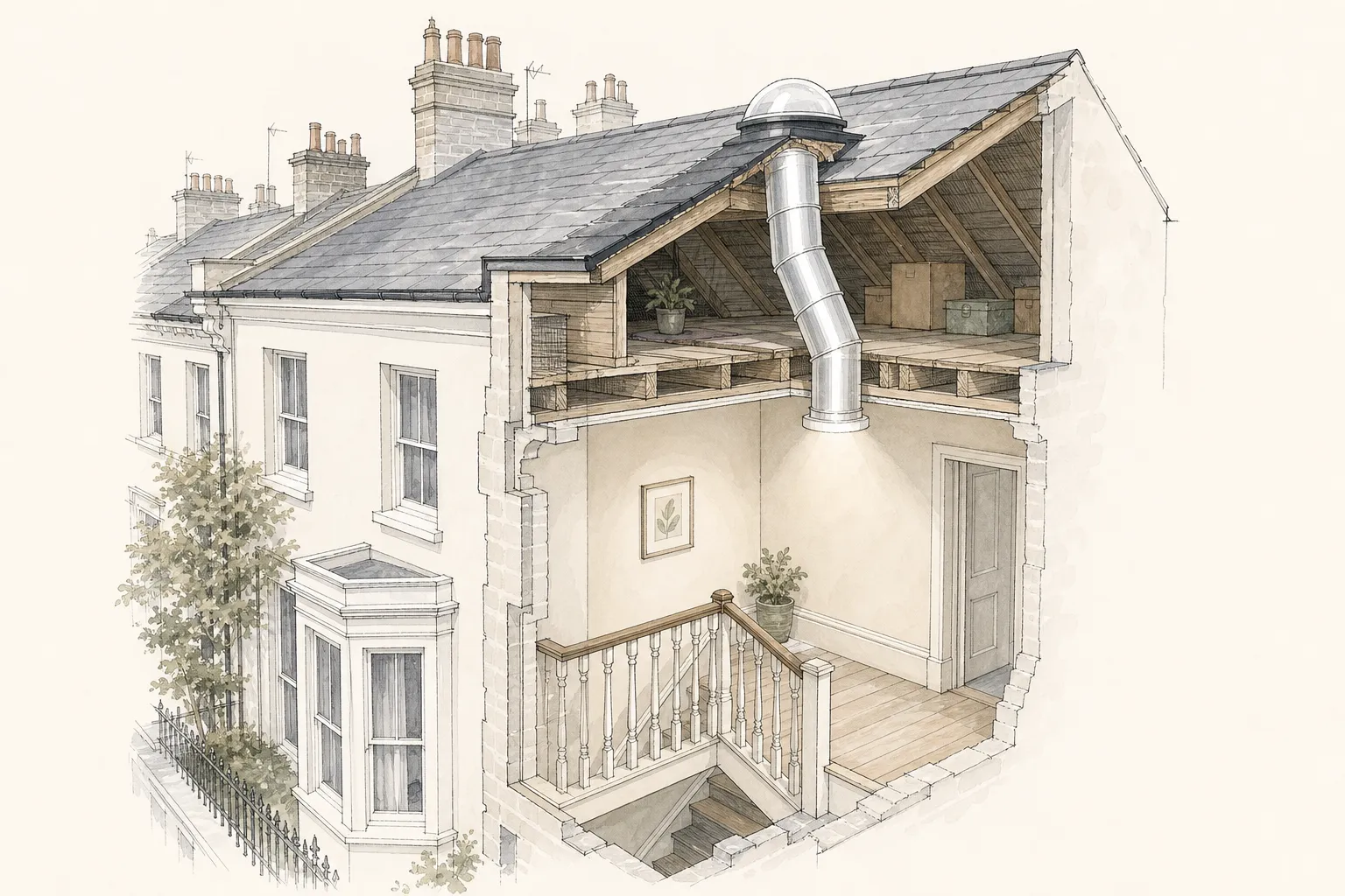 Cut-away drawing of a sun tunnel from a roof dome through the loft to a ceiling diffuser over a landing