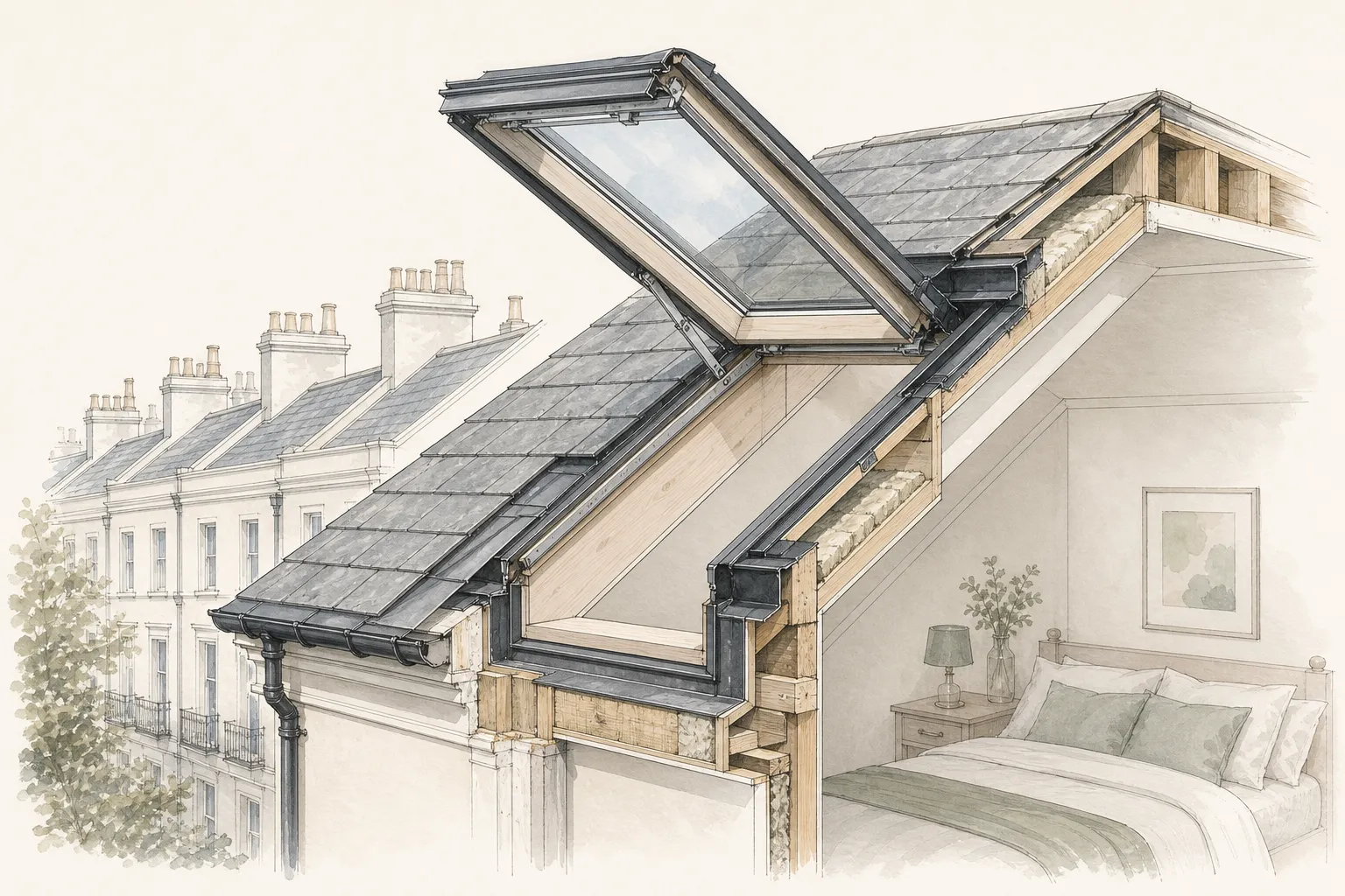 Cut-away drawing of a centre-pivot roof window opened in a slate roof over a loft room