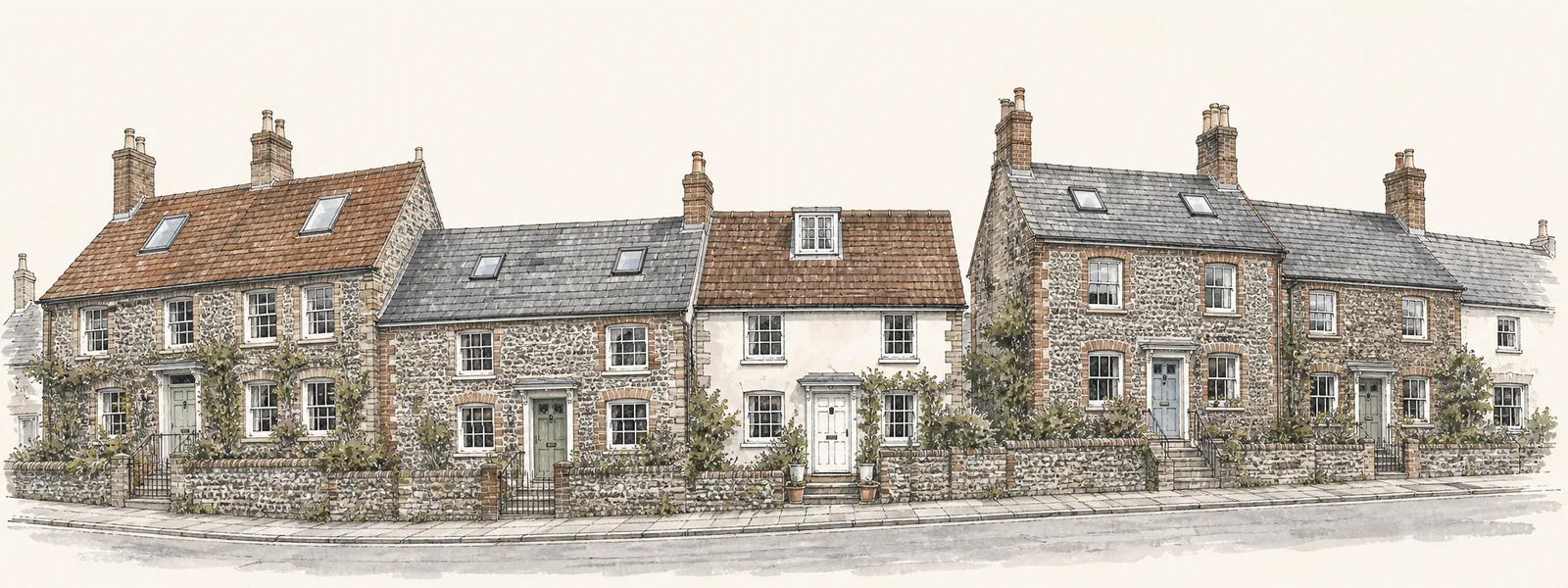 Ink and watercolour drawing of a street of houses typical of Patcham