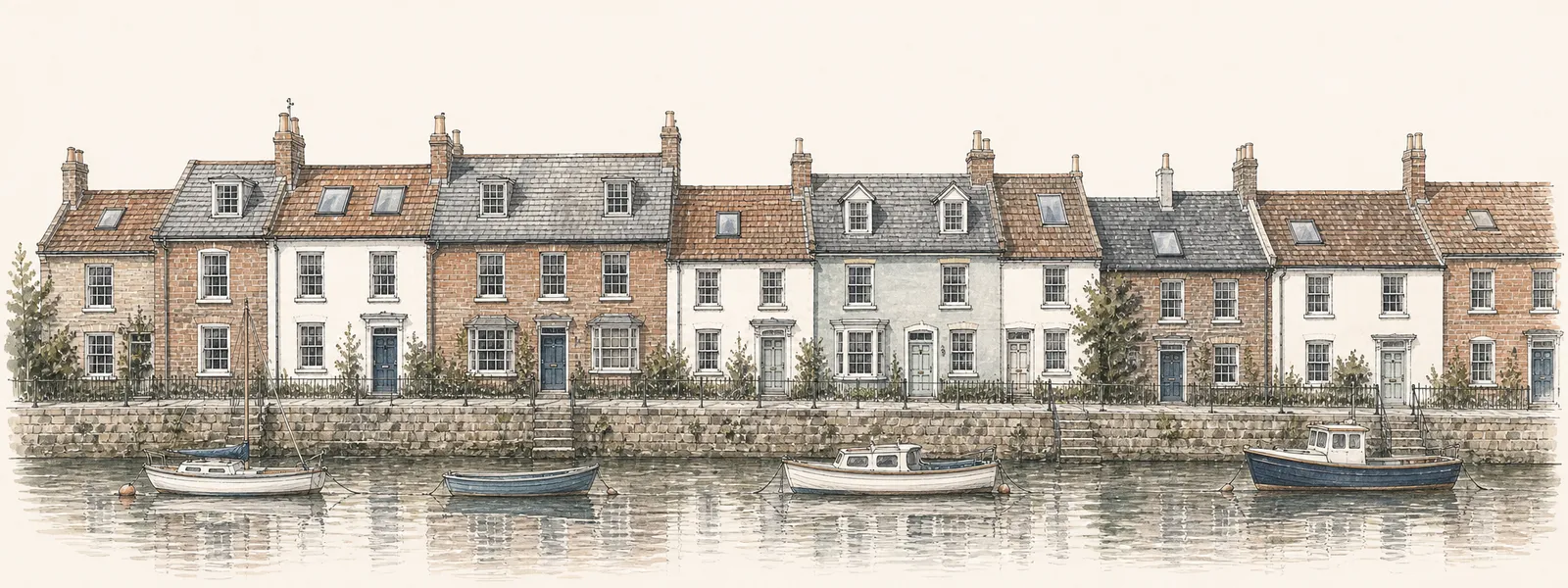 Ink and watercolour drawing of a street of houses typical of Newhaven