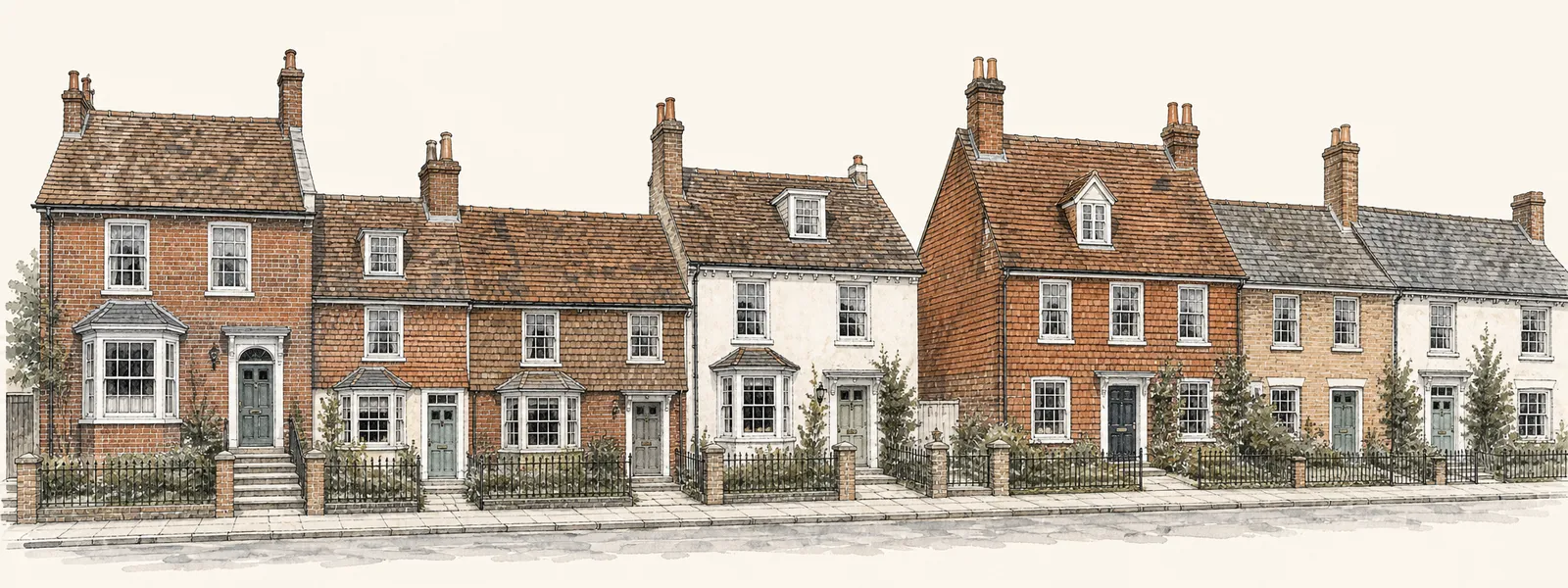 Ink and watercolour drawing of a street of houses typical of Ardingly